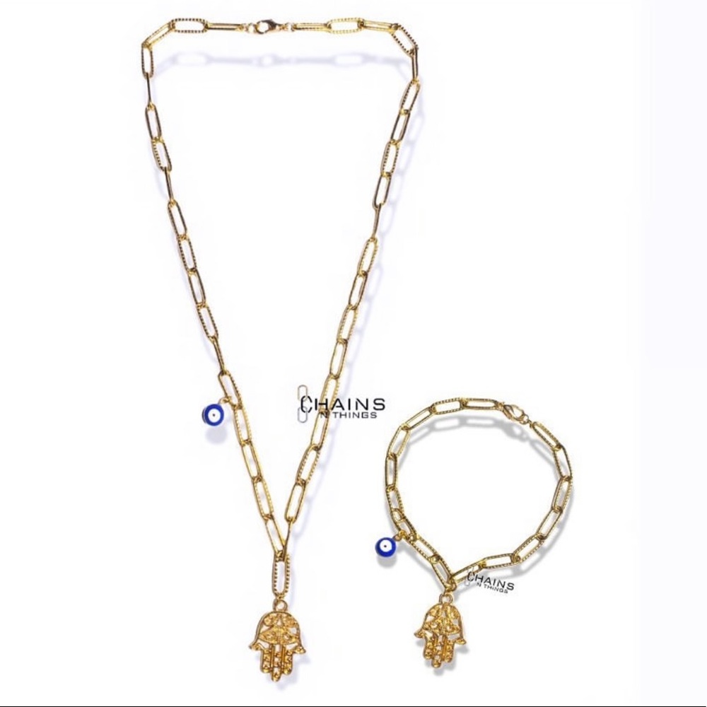 Hand & Eye Necklace & Bracelet SET Stainless steel gold plated paperclip chains